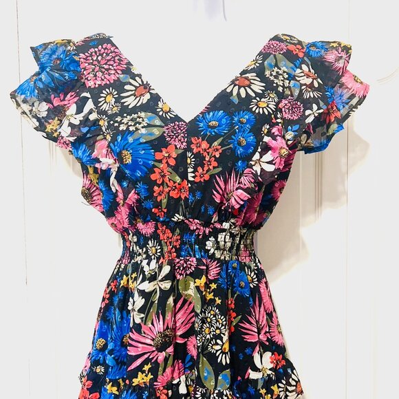 KoKo & Mason-Long Ruffled Floral Dress-Size X Small-Black/Pink Mix-Boho-Ruffles - Picture 3 of 16